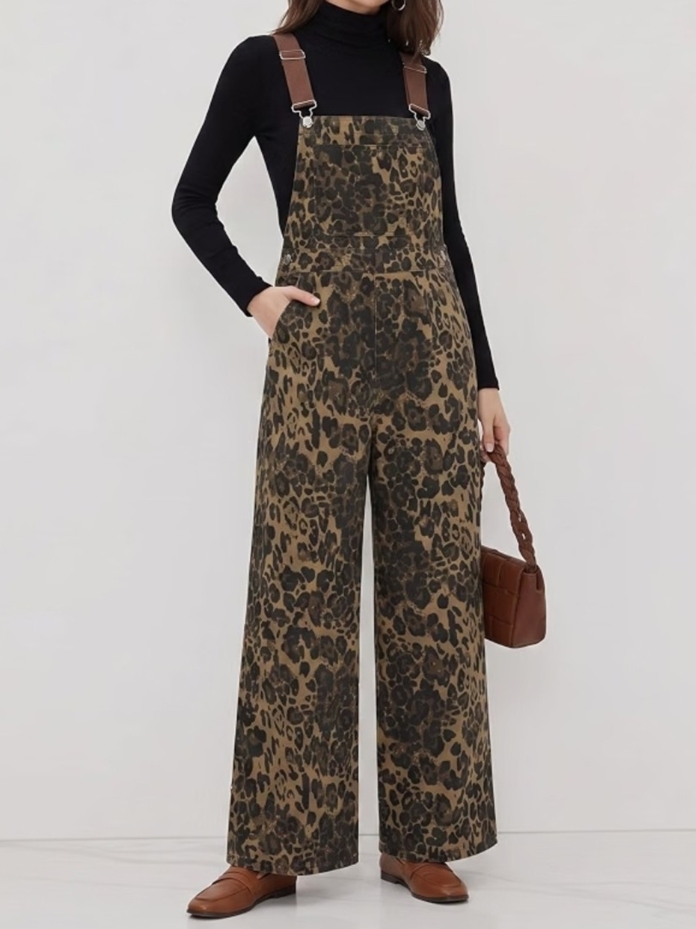 Cider Leopard-Print Wide-Leg Overalls in Brown